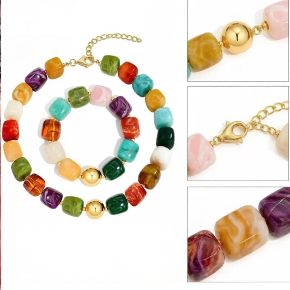 Colorful Bohemian Bead Marbled Necklace and Bracelet Set - Green Orange Blue new